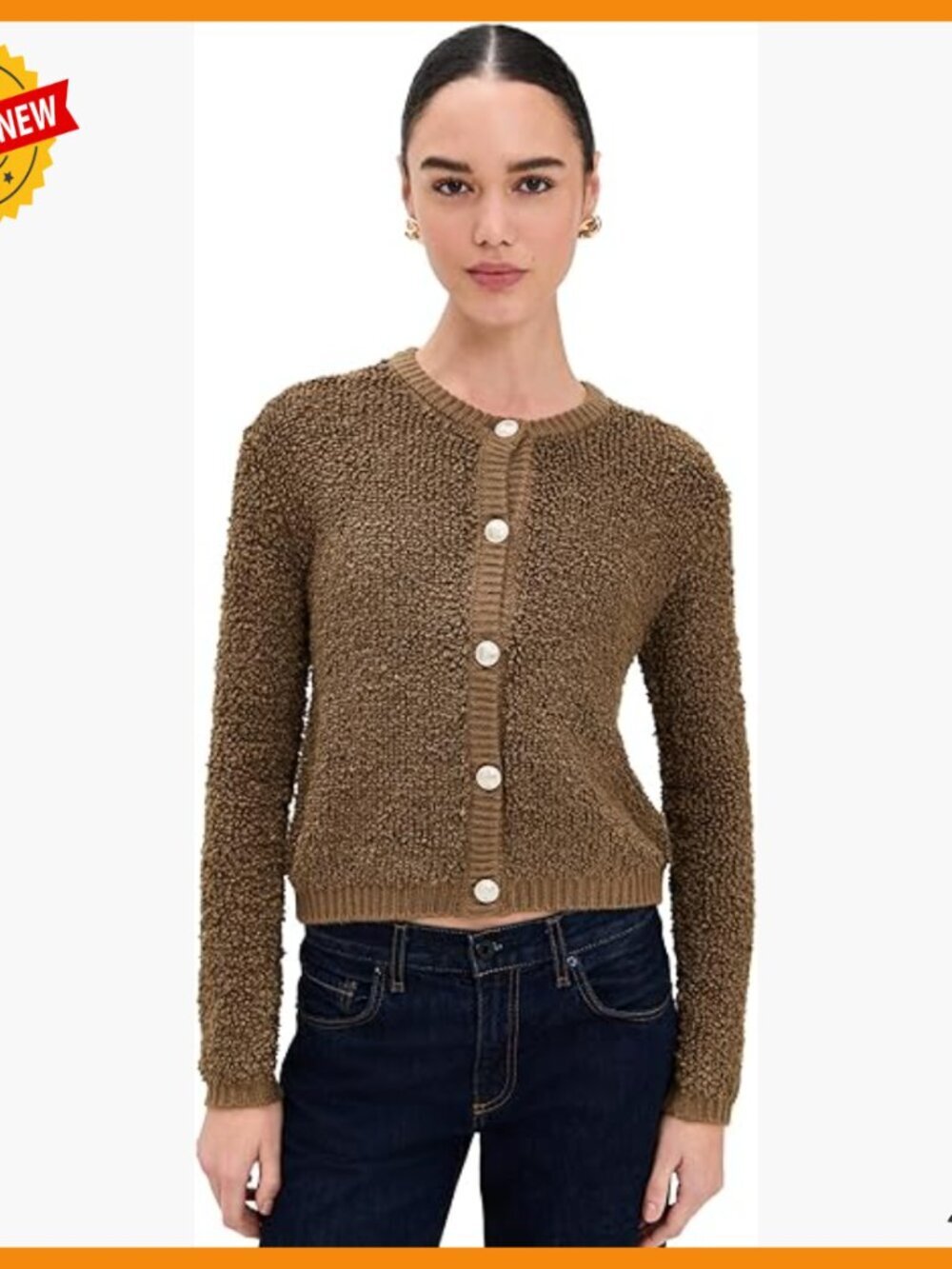 Mid-Weight Boucle Knit Cardigan with Ribbed Trim and Silver Buttons